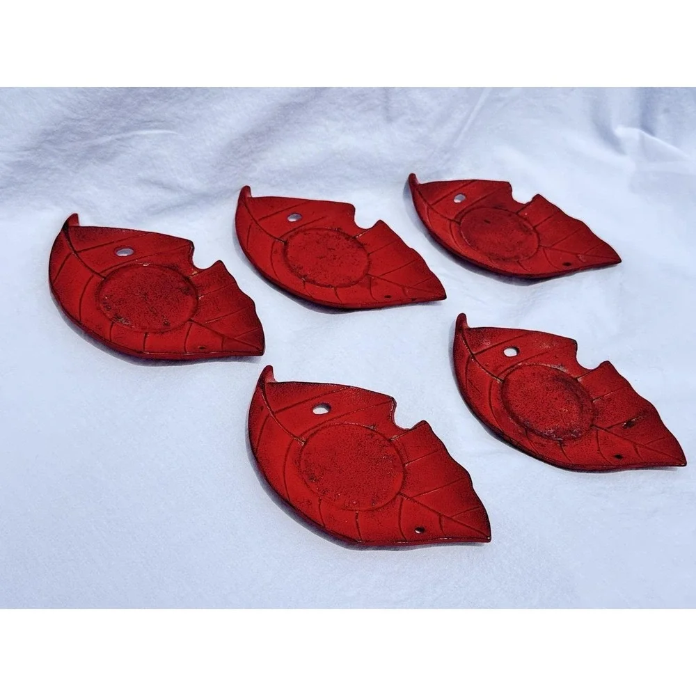 Vintage Authentic Iwachu Japan Red Cast Iron Leaf Tea Coaster Saucers Set of 5